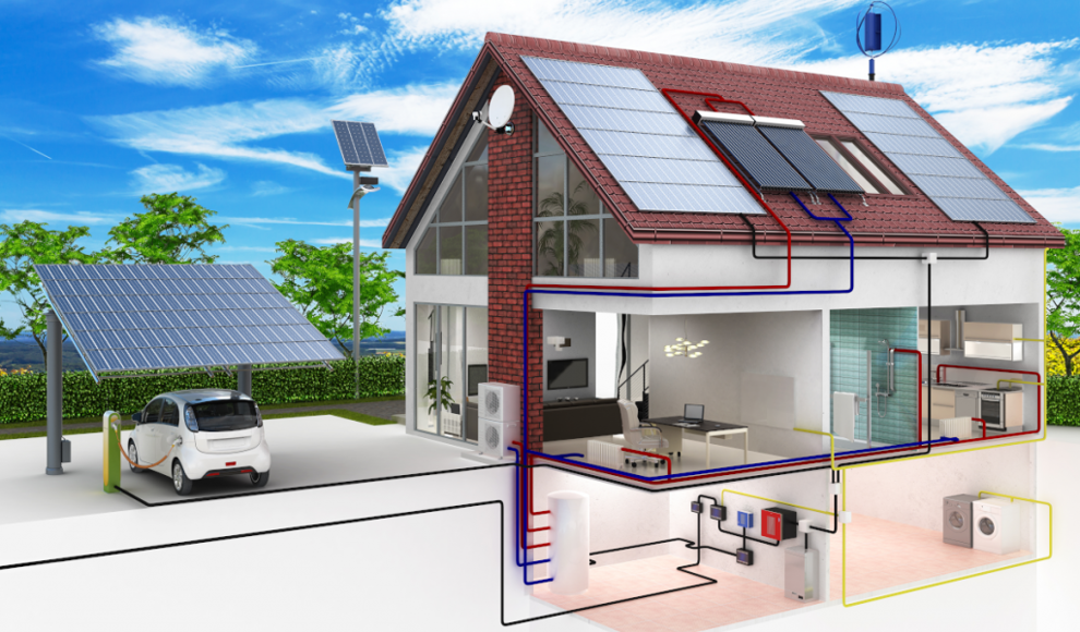 Haus mit Photovoltaikanlage, Wärmepumpe und Elektroauto